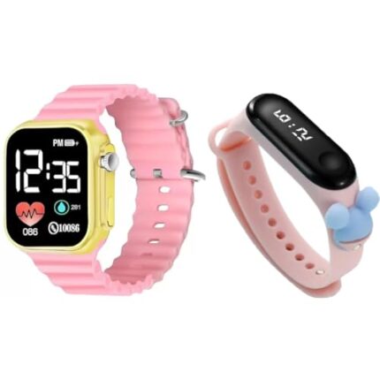 GOLDENIZE FASHION Kids Waterproof Digital Ultra Band and Slim 3D Cartoon Day and Date Touch Display Watch for Stylish Boy & Girl's Digital Watch Combo of 2 Watches (Baby Pink)