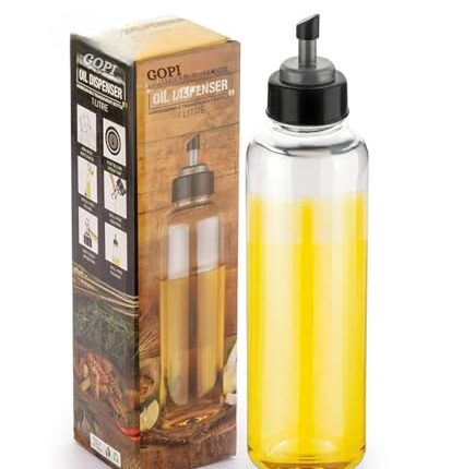 GOPI Eze Flow 1000 ml Oil Dispenser and Pourer with Measurement, Transparent with Lock Oil Nozzle Lid, Leakproof, Spill Proof, Big Bottleneck Easy Refill (1 litre, Set 1)