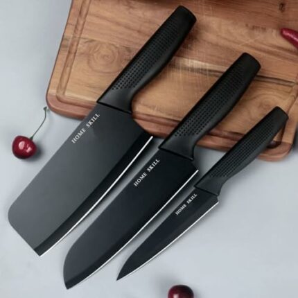 HOME SKILL® Stainless Steel 3 Pieces Professional Kitchen Knife Set Meat Knife Chef Knife with Non-Slip Ergonomic Handle Sharp Manual Sharpening for Home Kitchen High Carbon Knife Black Set(Black)