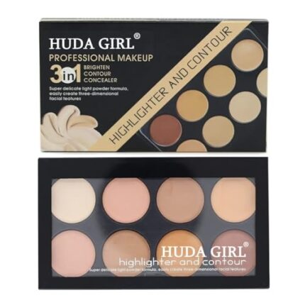 HUDA GIRL Beauty Professional Multi-Purpose Beauty Highlighter Contour and Concealer Palette | Face and Body Makeup | 8 Shades | Color Corrector