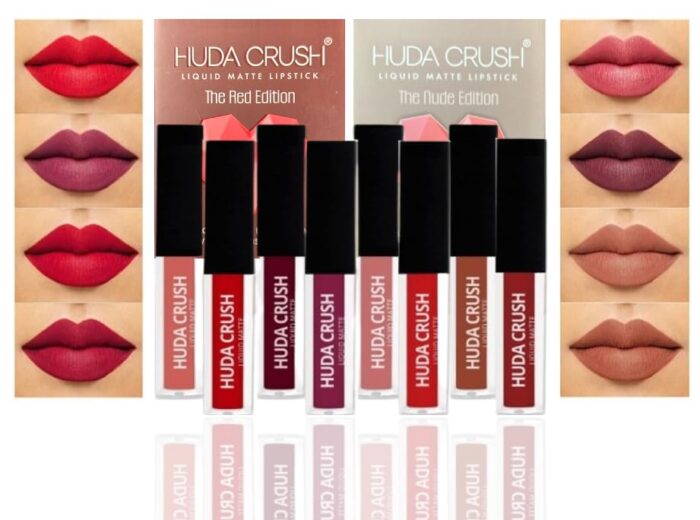 HUDACRUSH Pack Of 8 - Pcs Huda Crush Waterproof Beauty Mini Edition Liquid Matte Lipstick Set Long Lasting Multi Shades Lip Color Combo For Girls Daily Use Lipstick Natural Shade (Red & Nude Edition)