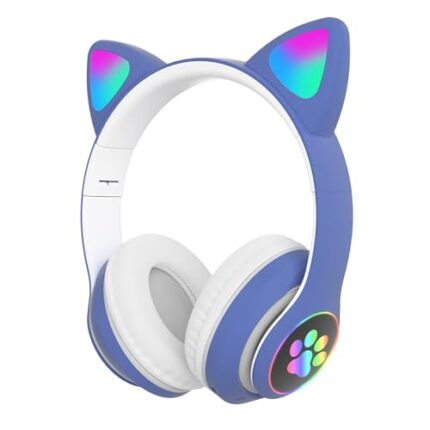 Happy Hues® Wireless Headphones- Cute Cat Ear Headset with LED Lights, Noise Cancelling Stereo Gaming Headphones, Fashion Bluetooth (5.0) Headset Wearing for Kids and Adults (Blue)