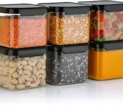 Homeor Plastic Storage Jar & Container Set Air-Tight BPA Free Containers for Kitchen Storage Set Kitchen Organizer & Kitchen Storage Set Pantry Organization Multipurpose Jar 500 ML Set 6 Black