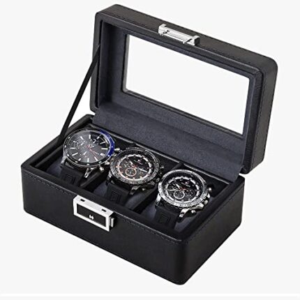 House of Quirk 3 Slot PU Leather Watch Box Organizer Watch Case with Glass Top,Travel Case For Men Women (Black)