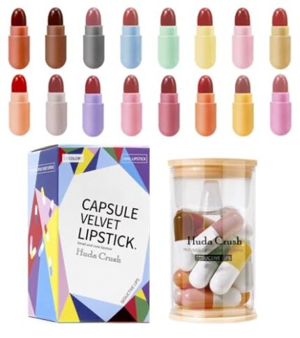 Huda Crush Beauty Mini Bullet | Capsule Style Lipstick Set Herbs-Ayurvedic Creamy Matte Lipstick Set For Lip Hydrating & Moisturizing Crayon Velvet Matte Lipstick Set Of 16 Multicolor Shades