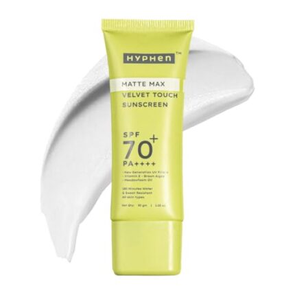 Hyphen Matte Max Velvet Touch Sunscreen SPF 70+ PA++++ | Sun Protection | Sun Shield | Moisturizes and Soothes Skin | 12 Hrs UVA-UVB Protection | No White Cast, Non Greasy & Lightweight | Water Resistant | For Oily, Combination & All Skin Types-30g