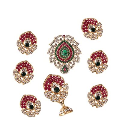 IIJ Imitation Jewellery brings Traditional Gold Plated & Ruby Green Bridal Wedding Collection Antique Finish Hair pin & Brooch with Hook Bridal Jewellery for Women-9 Piece