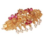 JWELLA Traditional Matte Gold-Plated Temple Peacock Laxmi Bridal Hair Clip with Pearls and Stones Antique Jewellery