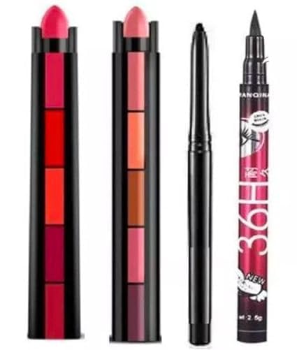 JustTya Professional Beauty Combo Of 2 Fabulous Matte Shades Lipstick 5 In 1, (Red + Nude) Edition Lipstick Set, 7.5G Each With 36H Eyeliner And 1 Kajal Pencil-(Pack Of 4),1 Count