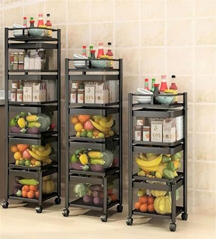 KWER Kitchen Trolley Square Onion Baskets for Storage, Kitchen Accessories Items and Vegetable Basket for Kitchen Organizer Items and Storage Portable Kitchen Accessories with Wheels(Black,Layer-2)