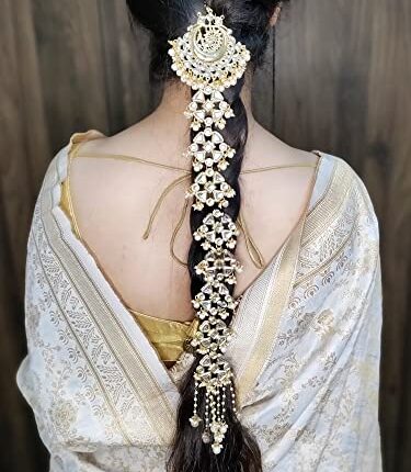 Karatcart Gold Plated Peacock Design Pearl and Kundan Studded Bridal Wedding Hair Braid Choti