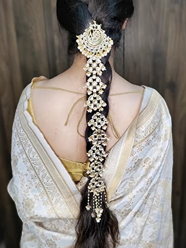 Karatcart Gold Plated Peacock Design Pearl and Kundan Studded Bridal Wedding Hair Braid Choti