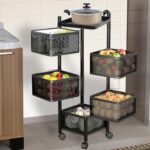 Kuber Industries Storage Rack | 5-Layer Revolving Vegetable Kitchen Rack | Square Multipurpose Storage Trolley with Wheels | Metal Fruit Storage Rack | Kitchen Cabinet Spice Rack | Black