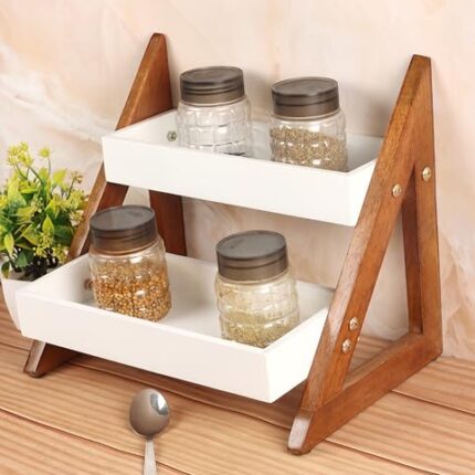 Kundi Versatile Wooden Triangular Spice Rack - 2-Tier Kitchen Countertop Organizer with Jars & Bottles Holder | Stylish Kitchen Storage & Décor (2 Tier)