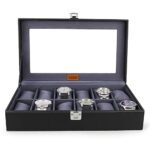 LEDO Men's and Women's Watch Box Holder Organizer Case In 12 Slots of watches In PU Leather with Black & Gray