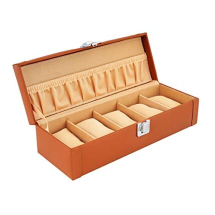 LEDO Watch Box organizer case for Men and Women in tan color with 5 slots of watches PU Leather