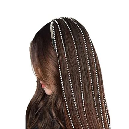 LIGHTNIING HAMMERZ Rhinestones Long Tassel Hair Chain Hairband for Women | Diamond Hair Band for Parties, Wedding | Bridal Tassel Headband | Hair Jewelry (Silver)