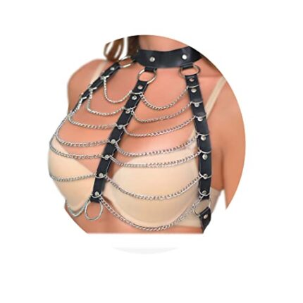 Ludress Punk Layered Body Chain Black Belt Leather Chest Chain Shoulder Bra Harness Choker Chain Body Jewelry Accessories for Women and Girls