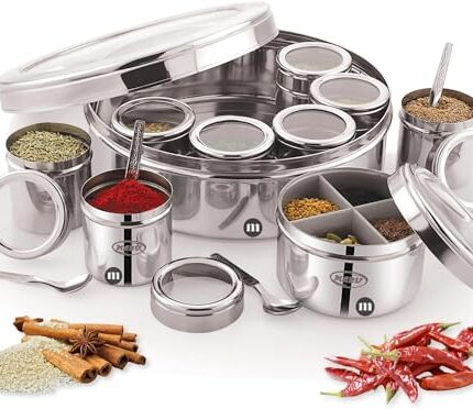 MARU 12 IN 1 Spice Box Stainless Steel with Middle Container Partitions | Masala Dabba Steel Masala Box For Kitchen Steel | Masala Dani For Kitchen See Through Lid (Size 13 Large 21.5cms) Silver