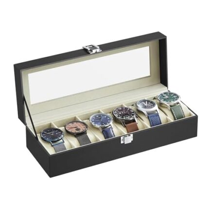 MEXFO Watch Box with 6 Slots, Watch Case with Glass Lid, Watch Display Box with Removable Watch Pillows, Metal Clasp, Gift Idea, Black Synthetic Leather, Greenish Beige Lining JWB06BE