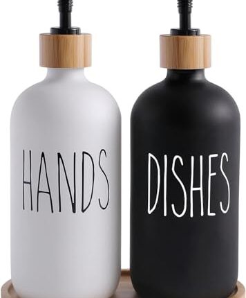 MeRaYo Soap Dispenser for Kitchen Handwash Dispenser Dish Wash Dispenser Liquid Soap Dispenser for Kitchen Sink Dishwash and Hand Wash Liquid Dispensers Pump with Bamboo Tray, Glass, 17 Ounces