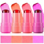 Milk Cooling Water Jelly Tint Milk Jelly Blush Stick Long Lasting Milk Jelly Tint Non-sticky Lip and Cheek Stain Makeup 4 pcs(Pink,Coral,Red,Berry)