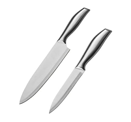 Mockery 2 Piece Kitchen Knife Set Including Chef's Knife, Vegetable Knife or Paring Knife, Sharp Stainless Steel Knife, Non-Stick, Soft Touch Handles, Silver (Utility & Chef's Knife-C)