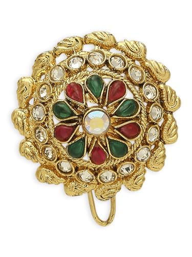 OOMPH Jewellery Red Maroon & Green Stones Ethnic Hair Bun Pin - Juda Pin | Floral Design with Pearls For Women & Girls Stylish Latest (HST1_O)