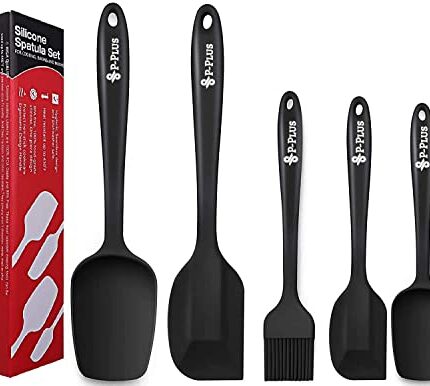 P-Plus International Silicone Kitchen Spatula and Utensils Spoon Set | Cooking + Baking Set | 5 Pcs | Non-Stick Silicone Rubber with Stainless Steel Core | BPA Free | Cooking Spatula | Black