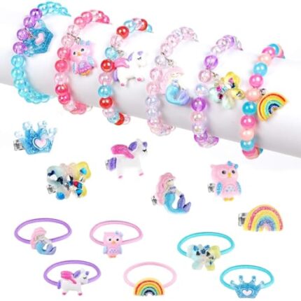 PALAY® Unicorn Bracelet for Kids Girls Jewelry Set Colorful Shiny Crystle Rainbow Unicorn Beaded Bracelet Hand Jewellery for Kids with Girls Rings, Hair Ties, Bracelet for Gift Girls (Multi) - 18 Pcs