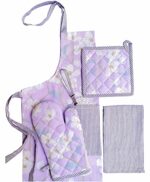 PIXEL HOME DECOR Printed Apron With Oven Mitt and Pot Holder with Kitchen Towel - Cherry Blossom Collection (Lilac Blossom)