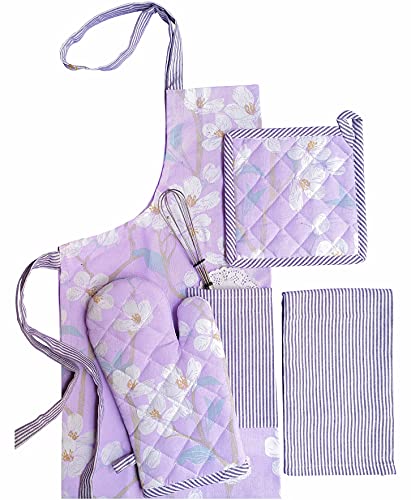 PIXEL HOME DECOR Printed Apron With Oven Mitt and Pot Holder with Kitchen Towel - Cherry Blossom Collection (Lilac Blossom)