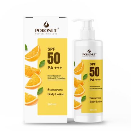 POKONUT SPF50 Sunscreen Body Lotion | Broad Spectrum Protection | Prevents Tanning with No White Cast | Enriched with Orange Extract, Zinc Oxide & Shea Butter | Non-Greasy, Water-Resistant, Suitable for All Skin Types | 200ml