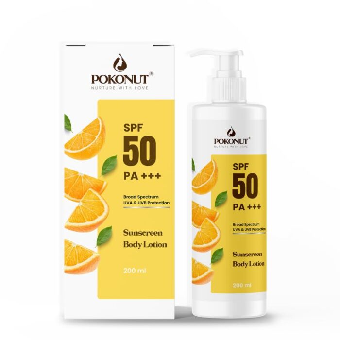 POKONUT SPF50 Sunscreen Body Lotion | Broad Spectrum Protection | Prevents Tanning with No White Cast | Enriched with Orange Extract, Zinc Oxide & Shea Butter | Non-Greasy, Water-Resistant, Suitable for All Skin Types | 200ml