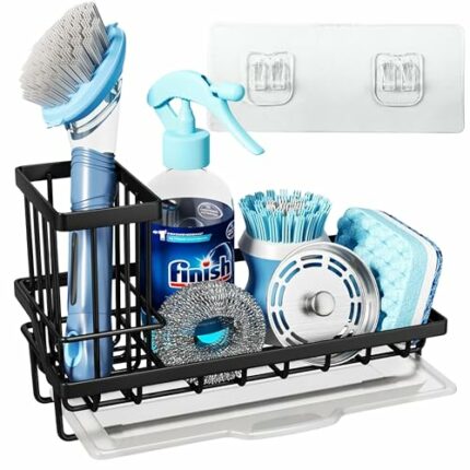 POPCUBE Sink Organiser for Kitchen-Sink Caddy With Brush & Sponge Holder Cup- Kitchen Sink Organizer with Drain Tray for Kitchen Sink- Countertop Sink Organiser with Adhesive patch for wall mounting.