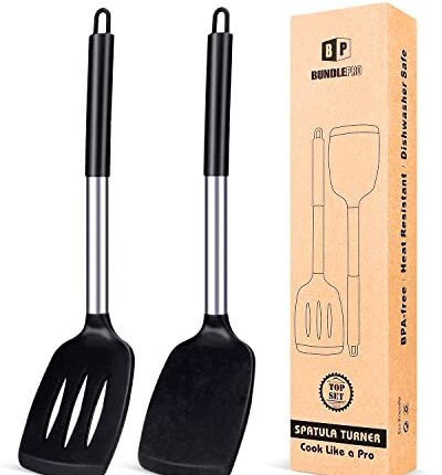 Pack of 2 Silicone Solid Turner ,Non Stick Slotted Kitchen Spatulas ,High Heat Resistant BPA Free Cooking Utensils ,Ideal Cookware for Fish ,Eggs ,Pancakes (Black)