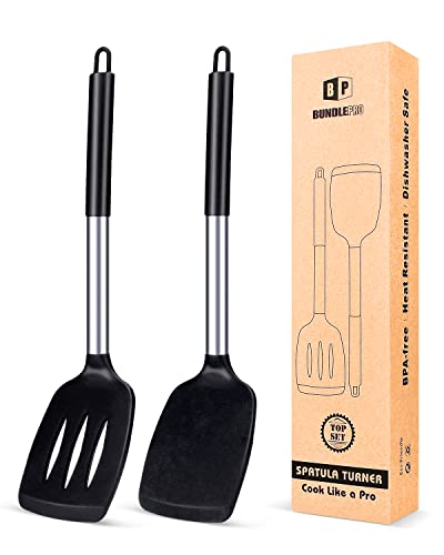 Pack of 2 Silicone Solid Turner ,Non Stick Slotted Kitchen Spatulas ,High Heat Resistant BPA Free Cooking Utensils ,Ideal Cookware for Fish ,Eggs ,Pancakes (Black)