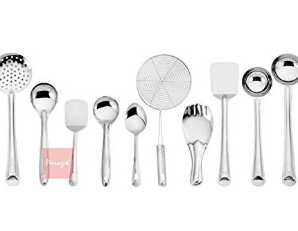 Parage Stainless Steel 10 Pieces Cooking Spoons Set, Contains Ladle, Turner, Strainer, Rice Spoon, Oval Spoon, Serving Spoon, Kitchen Cooking Essential Set for Home, 10 Pcs