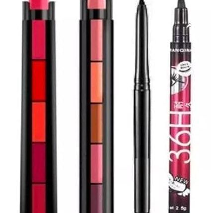 Professional Multicolor 2 Soft Creamy Matte Finish 5 in 1 (Red and Nude) Lipstick with Eyeliner and Kajal Lipstick Combo Pack -Ultimate Makeup Beauty Combo for Women and Girls