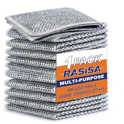 RASISA Multipurpose Wire Dishwashing Rags for Wet and Dry Stainless Steel Scrubber Non-Scratch Wire Dishcloth for Washing Dishes Sinks Counters Easy Rinsing Machine Washable dishwash Kitchen Pack 1