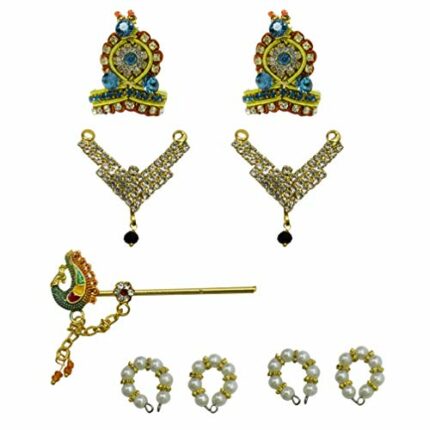 Radha Krishna Jewellery Set (Size 0-2) 2 Mukuts + 2 Necklace + 4 Bangles + 1 Peacock Flute, Set of 2 Jewellery Set for Laddu Gopal