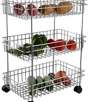 Rasvesh Rust Free Stainless Steel Fruit and Vegetable Stand Basket Trolley Modern Onion Potato Kitchen Storage Steel Rack -Triple Tire Trolley Shelf (Silver) (3 Layer Trolley)