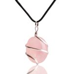 Reikved Rose Quartz Stone Natural Healing Crystals and Stones Crystal Pendants Necklace for Women Good Luck Charm Spiritual Gift for Him Her Jewelry for Women Men (Tumble Wire Wrap)