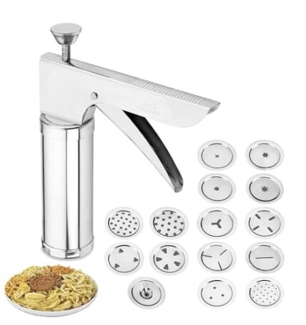 Ritu Stainless Steel Kitchen Press with Different Types of Jalies, Murukku Maker/Bhujiya Maker/Noodles/Cookies/Namkeen/Chakali Maker/Sev Maker/Farsan Maker/Gathiya Maker