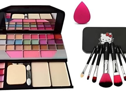 SHISHI TYA Fashion 6155 Multicolour Makeup Kit with 7Pcs Black Makeup Brushes with 1 Pink Beauty Makeup Blender - (Pack of 9)