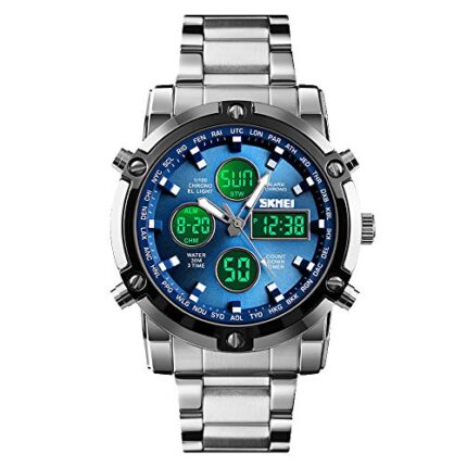 SKMEI Mens Wrist Watch, Waterproof Military Analog Digital Watches with LED Multi Time Chronograph, Stainless Steel Business Watches for Men