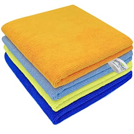 SOFTSPUN Microfiber Cleaning Cloths, 4pcs 40x40cms 340 GSM Multi-Colour! Highly Absorbent, Lint and Streak Free, Multi -Purpose Wash Cloth for Kitchen, Window, Stainless Steel, silverware.
