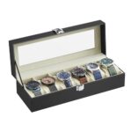 SONGMICS Watch Box with 6 Slots, Watch Box, Box, Glass Lid, Removable Pads, Metal Lock, Black Coating and Greenish Beige Lining JWB06BE