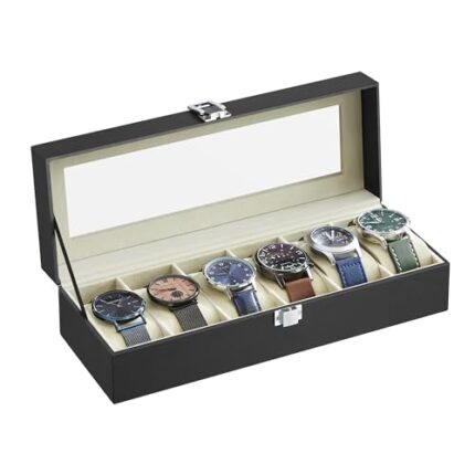 SONGMICS Watch Box with 6 Slots, Watch Box, Box, Glass Lid, Removable Pads, Metal Lock, Black Coating and Greenish Beige Lining JWB06BE