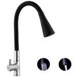 SPAZIO Turbo Brass Swan Neck Tap/Sink Faucet with Black 360 Degree Flexible Silicon Swivel Spout & Dual Flow Pattern, Hot/Cold Water for Kitchen Sink, Wash Basin, Chrome Finish Pillar Cock